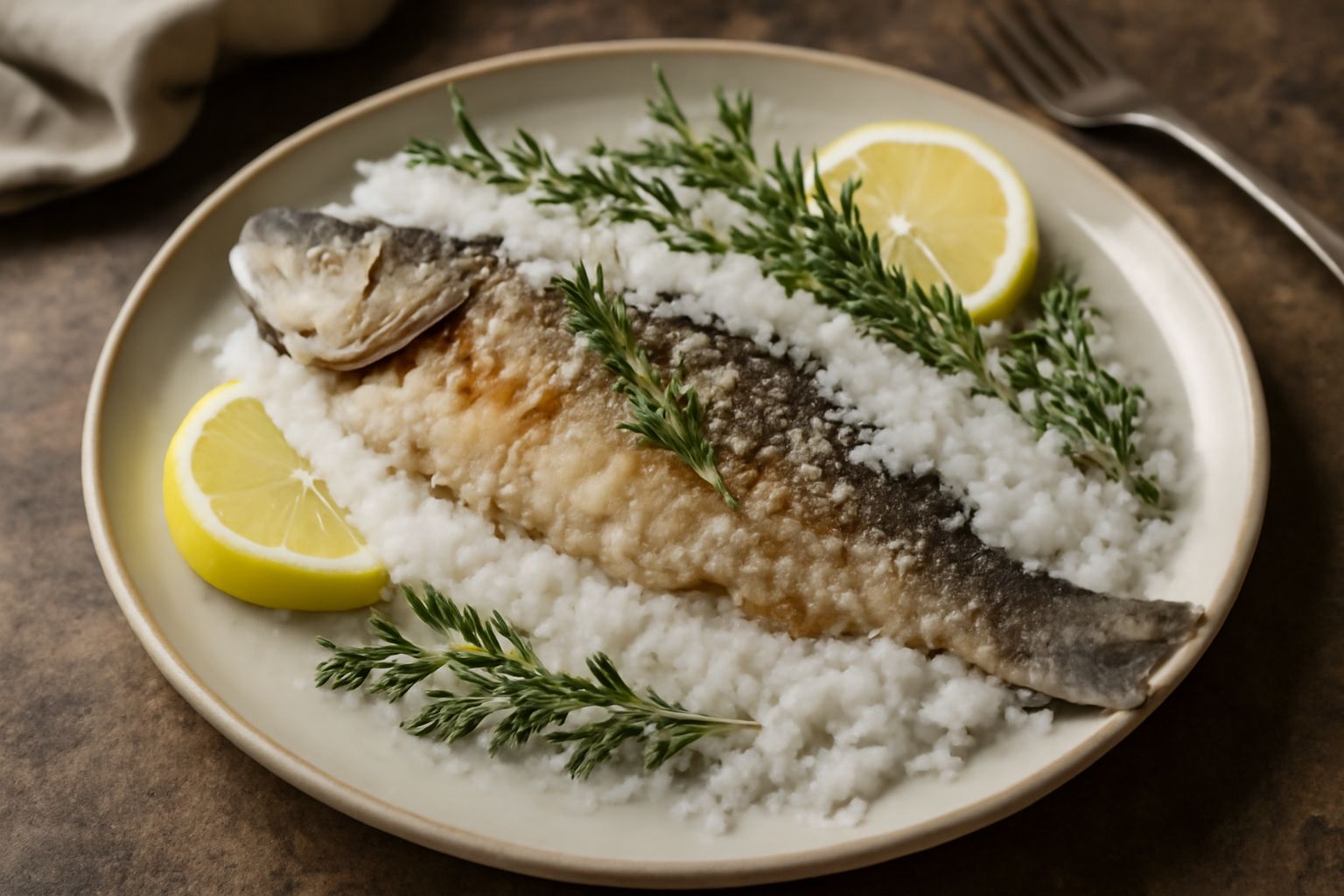 Spigola intera cotta al sale presentata nel piatto, circondata da una crosta di sale bianca e granulosa, limone fresco affettato ai lati, erbe aromatiche verdi sulla crosta