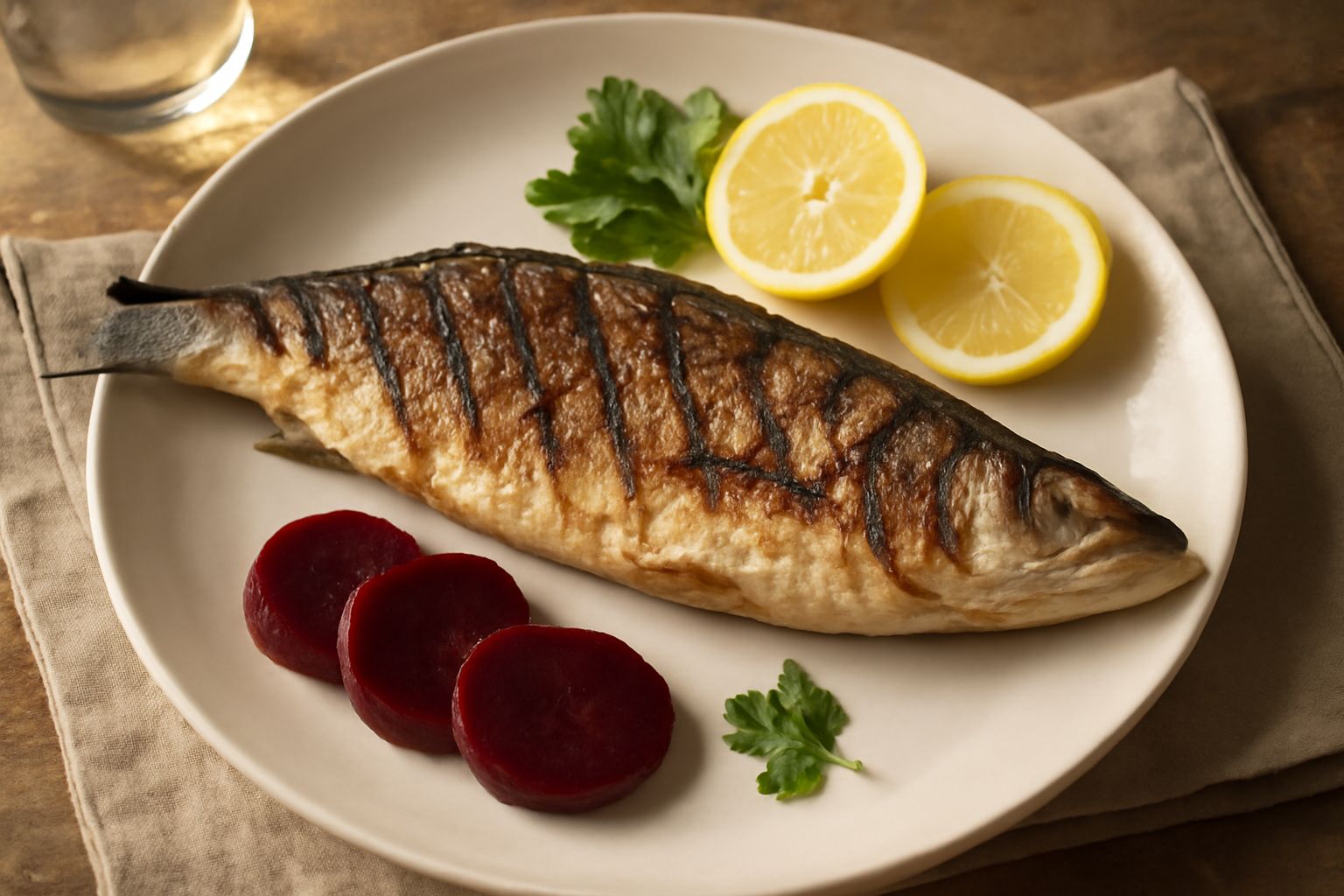 Una spigola intera alla griglia, dorata e con striature nere di cottura, guarnita con fette di limone fresco e rametti di prezzemolo, servita su un piatto bianco con contorno di verdure grigliate