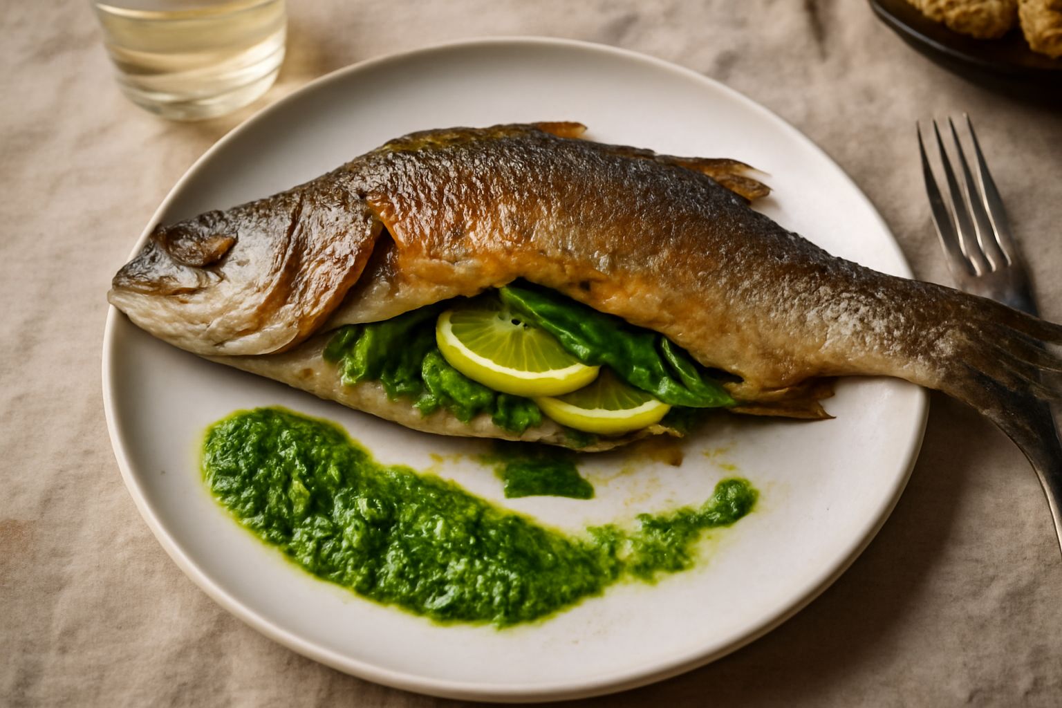 Spigola intera arrosto su piatto bianco, pelle dorata e croccante, ripiena di basilico verde e limone fresco affettato, accompagnata da pesto di basilico al centro del piatto