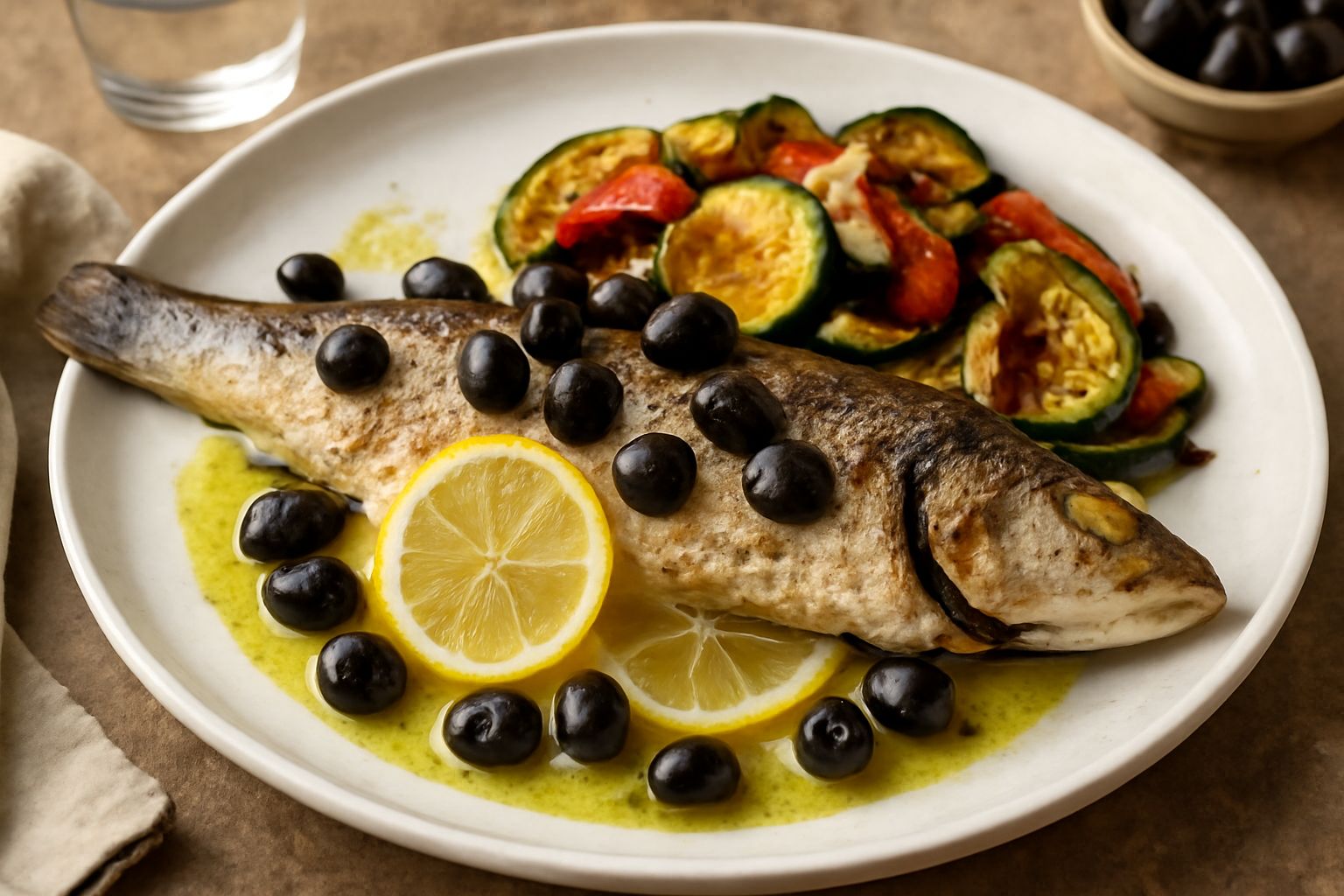 Spigola intera dorata al forno con olive nere sparse sulla pelle, fette di limone giallo sul piatto bianco, olio d'oliva brillante, contorno di verdure grigliate sfumate di grigio