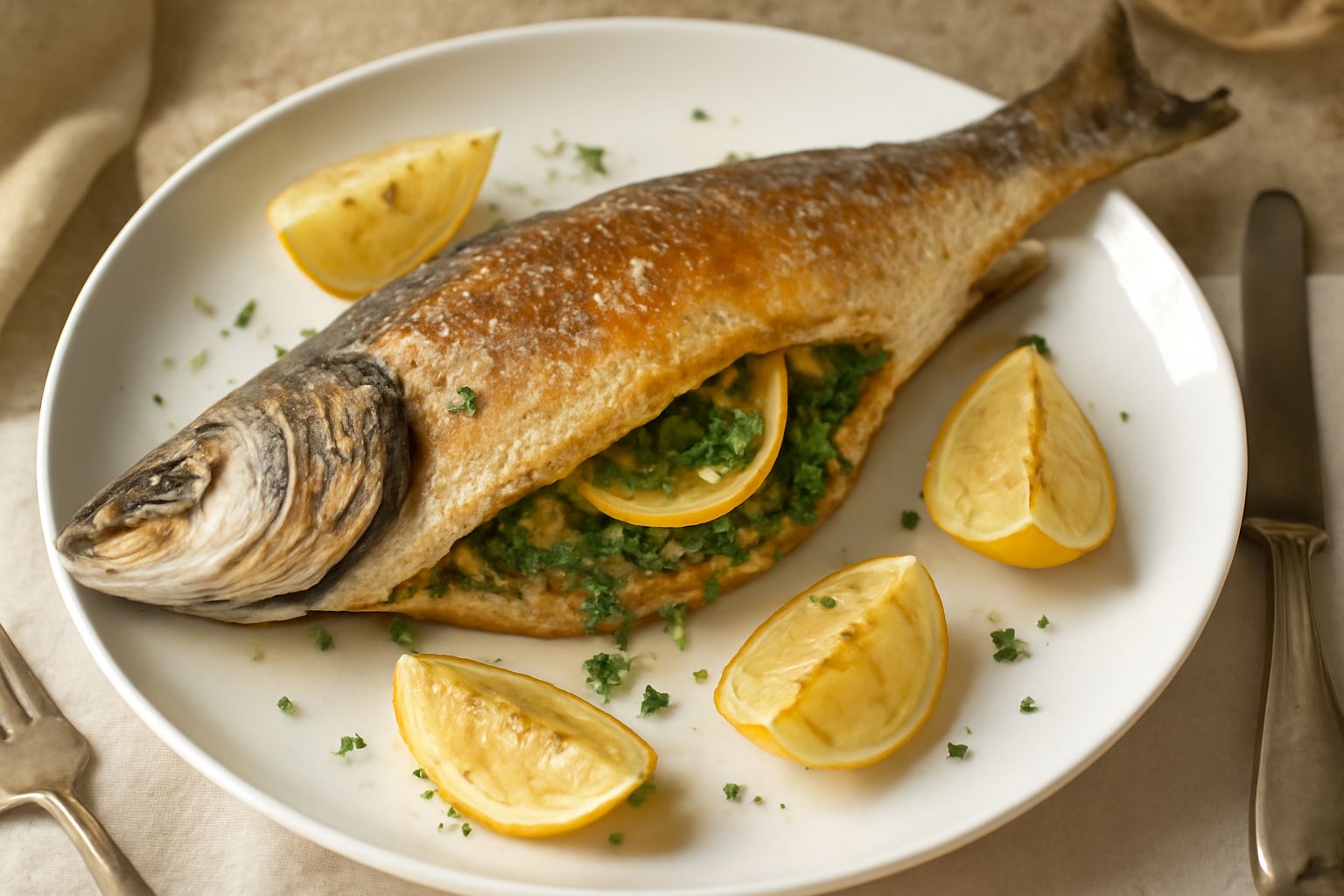 Spigola farcita intera dorata e cotta al forno, appoggiata su un piatto bianco, con fette di limone attorno, erbe aromatiche verdi in vista nel ventre aperto del pesce