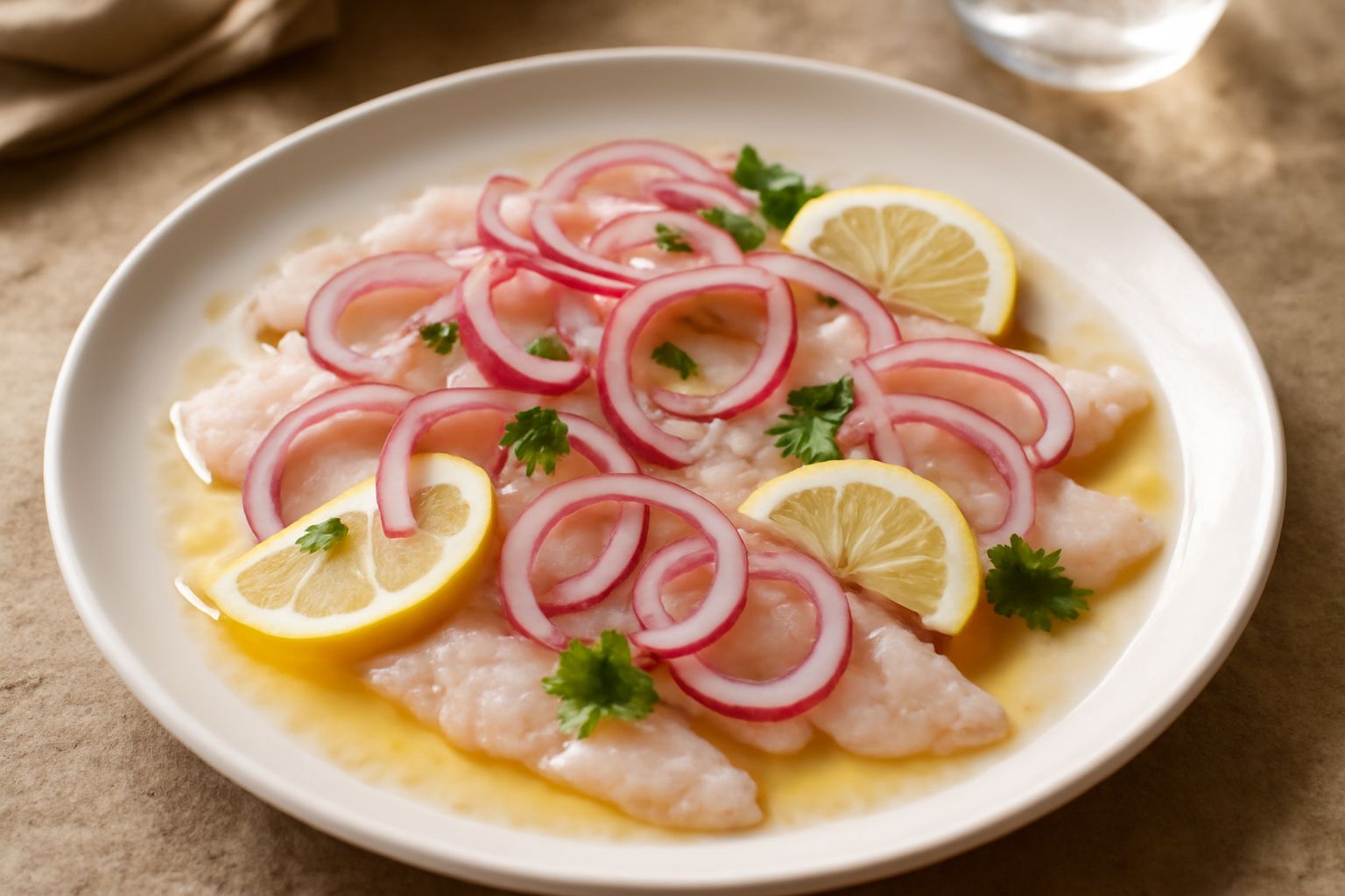 Filetti di spigola bianchi e trasparenti marinati in un piatto bianco, coperti di fette sottili di cipolla rossa, limone fresco e rametti di prezzemolo verde. Contorno di insalata e limone tagliato a 