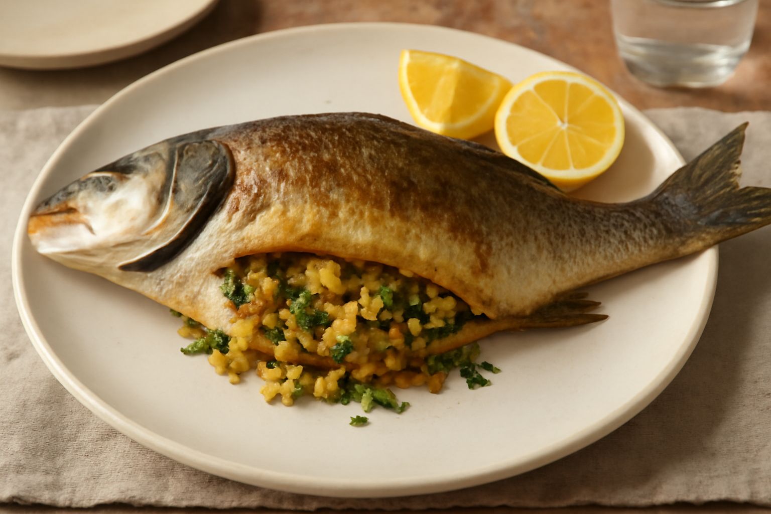 Spigola intera ripiena di pane tostato e prezzemolo, dorata al forno, servita su un piatto bianco con contorno di limone affettato e erbette fresche