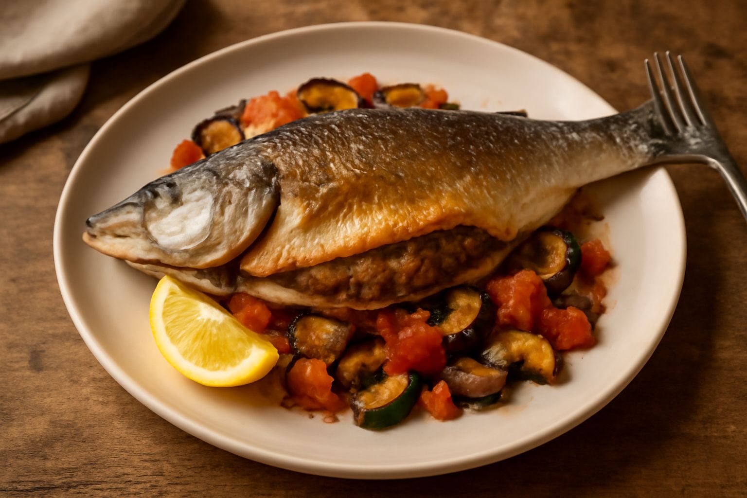 Spigola intera ripiena di carne macinata, dorata al forno, servita nel piatto bianco con contorno di verdure grigliate e limone fresco tagliato a spicchi
