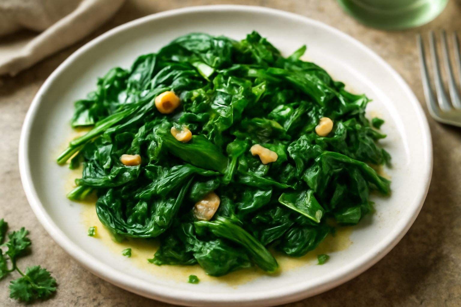 Spinaci verde scuro saltati in padella con aglio dorato e prezzemolo fresco, serviti su piatto bianco con un filo di olio extravergine