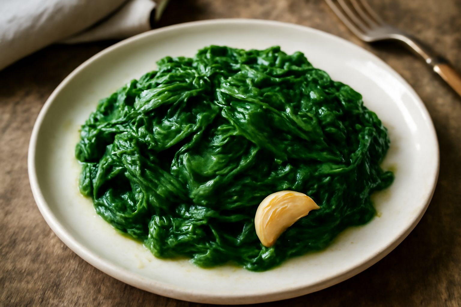 Piatto bianco con spinaci al burro di colore verde intenso, mantecati e cremosi, con goccioline lucide di burro, guarniti con uno spicchio di aglio dorato e serviti caldi