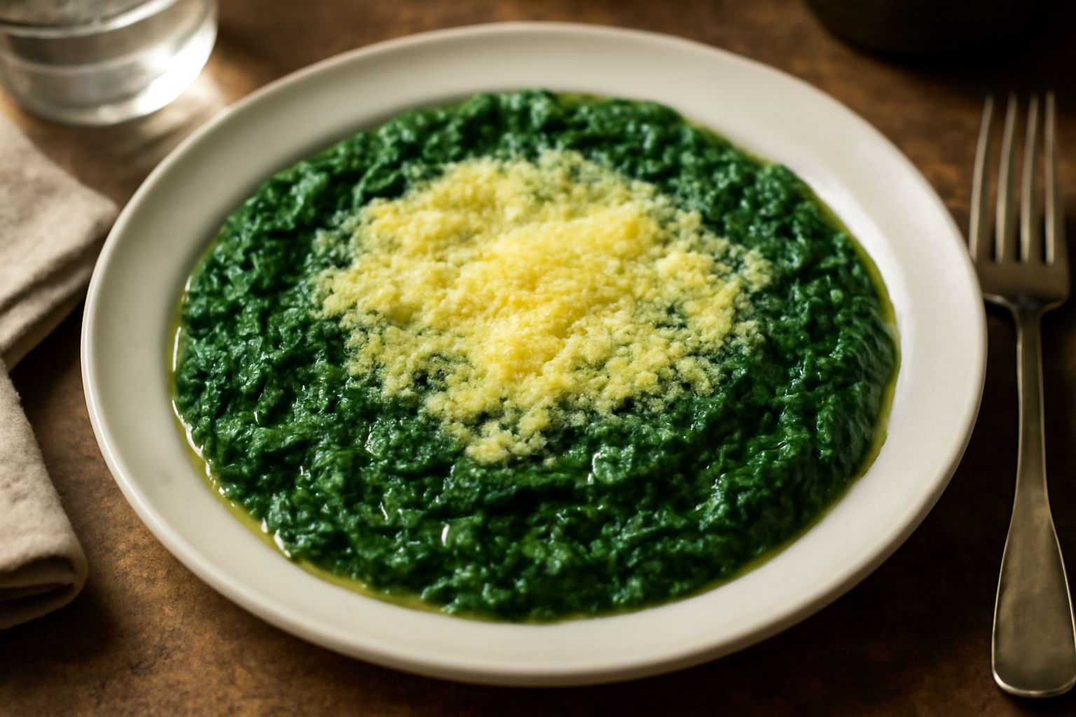 Spinaci verde scuro cremosi mantecati in una ciotola bianca, peccorino grattugiato in superficie, serviti ancora caldi con una cucchiaiata che mostra la consistenza morbida
