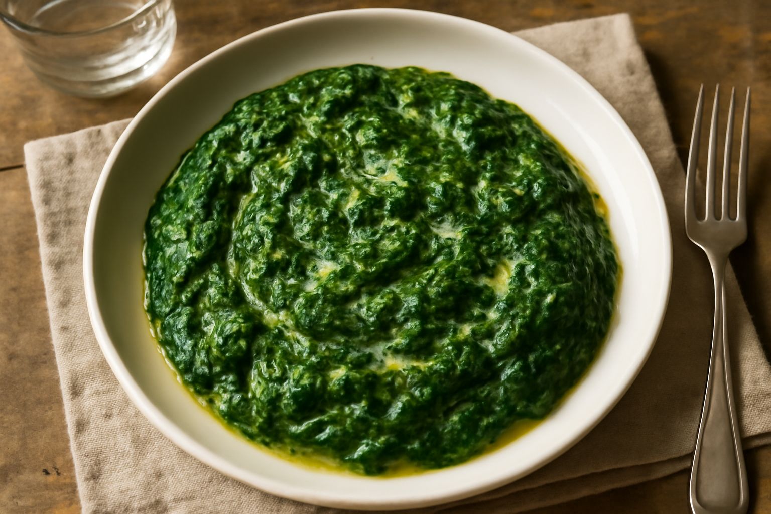 Spinaci alla milanese in piatto bianco, verdi scuri e cremosi, con punti di parmigiano grattugiato in superficie, burro dorato visibile tra le foglie