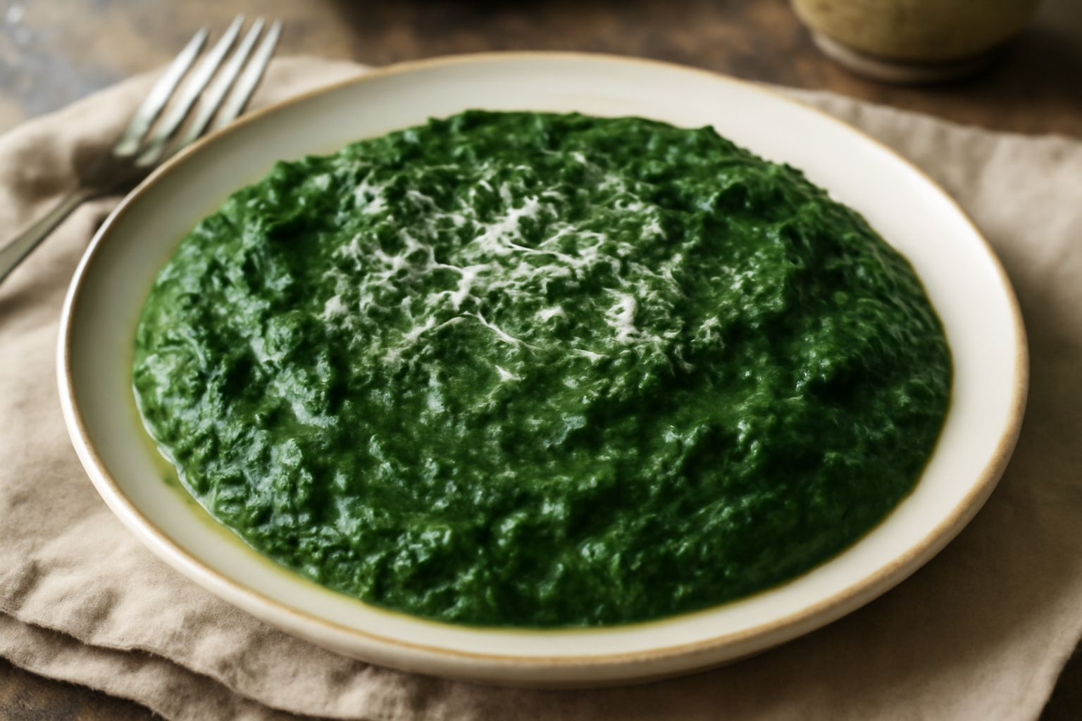 Spinaci verdi cremosi mantecati con burro e parmigiano, serviti in una ciotola bianca, con scaglie di formaggio grattugiato e burro fuso in superficie