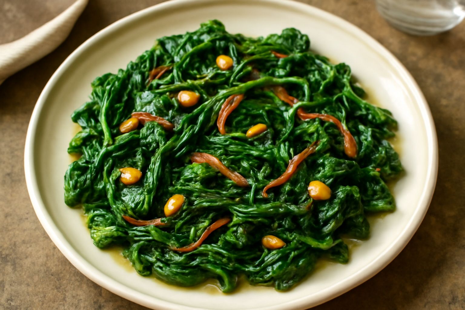 Piatto bianco con spinaci verdi brillanti saltati in padella, pezzi visibili di aglio dorato, filetti di acciuga tra le foglie, gocce di olio extravergine in evidenza