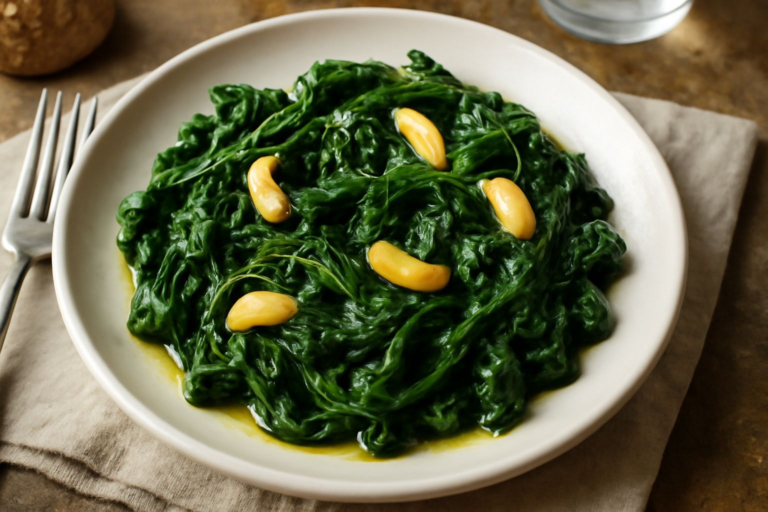 Spinaci saltati in padella di colore verde intenso con spicchi d'aglio dorati, olio di oliva lucido, serviti in un piatto bianco con limone a fettine