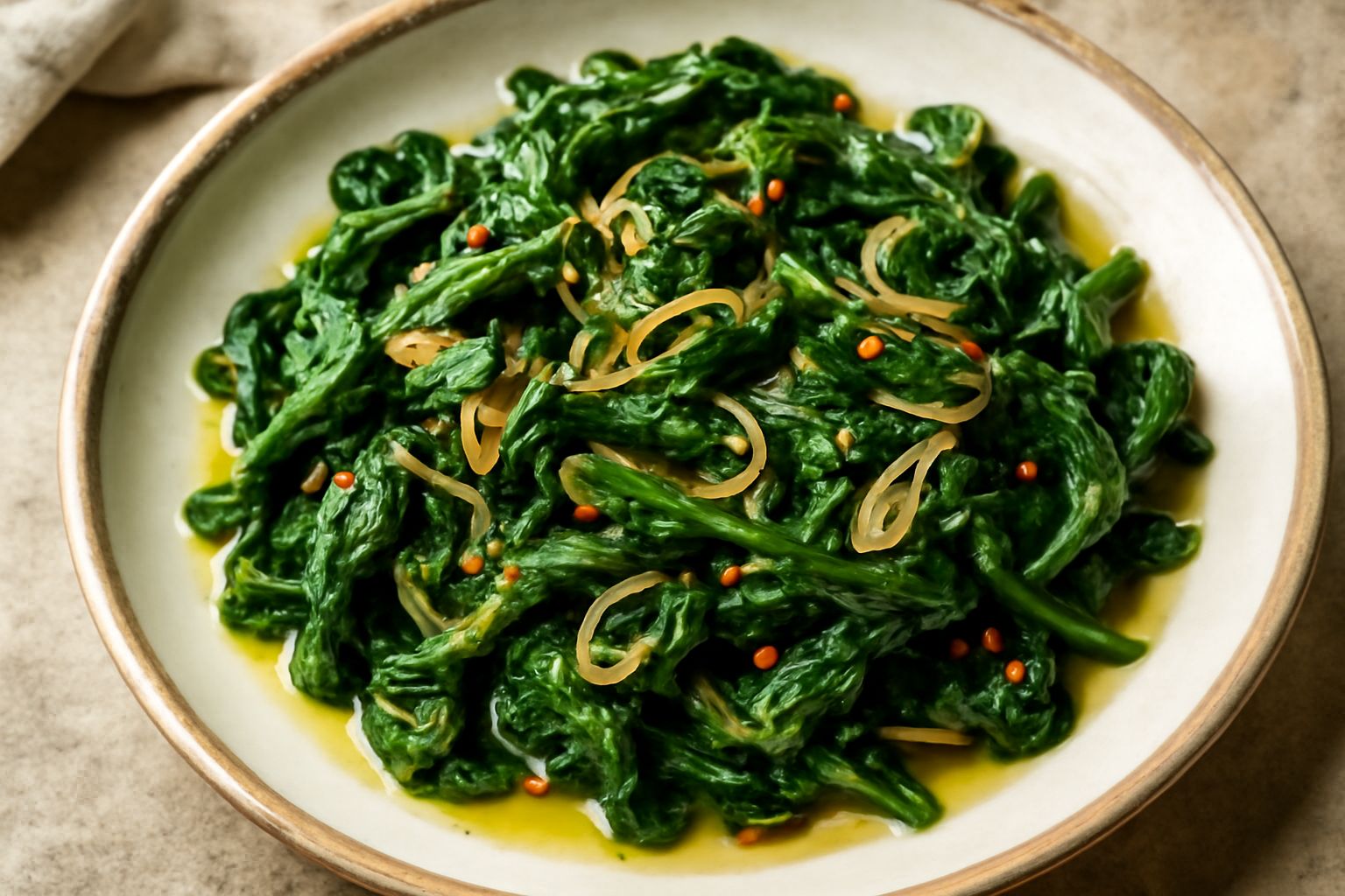 Spinaci freschi e scuri in una padella di acciaio con aglio dorato, gocce di olio verde intenso e un filo di peperoncino rosso, impiattati in una ciotola bianca