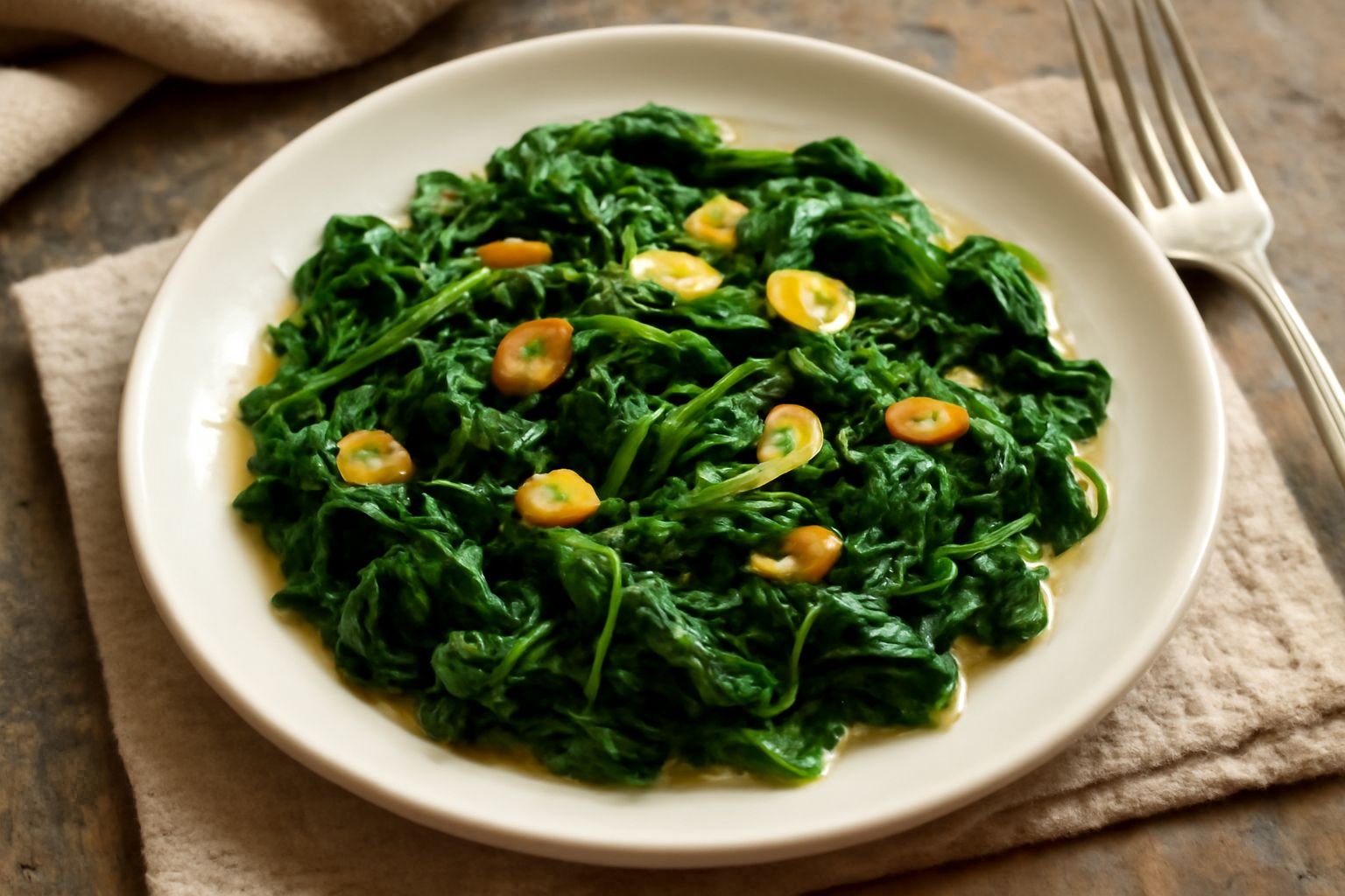 Piatto di spinaci all'agro: foglie verde scuro e morbide coperte di aglio dorato, con gocce d'olio e qualche goccia di aceto visibile, serviti in un piatto bianco rotondo