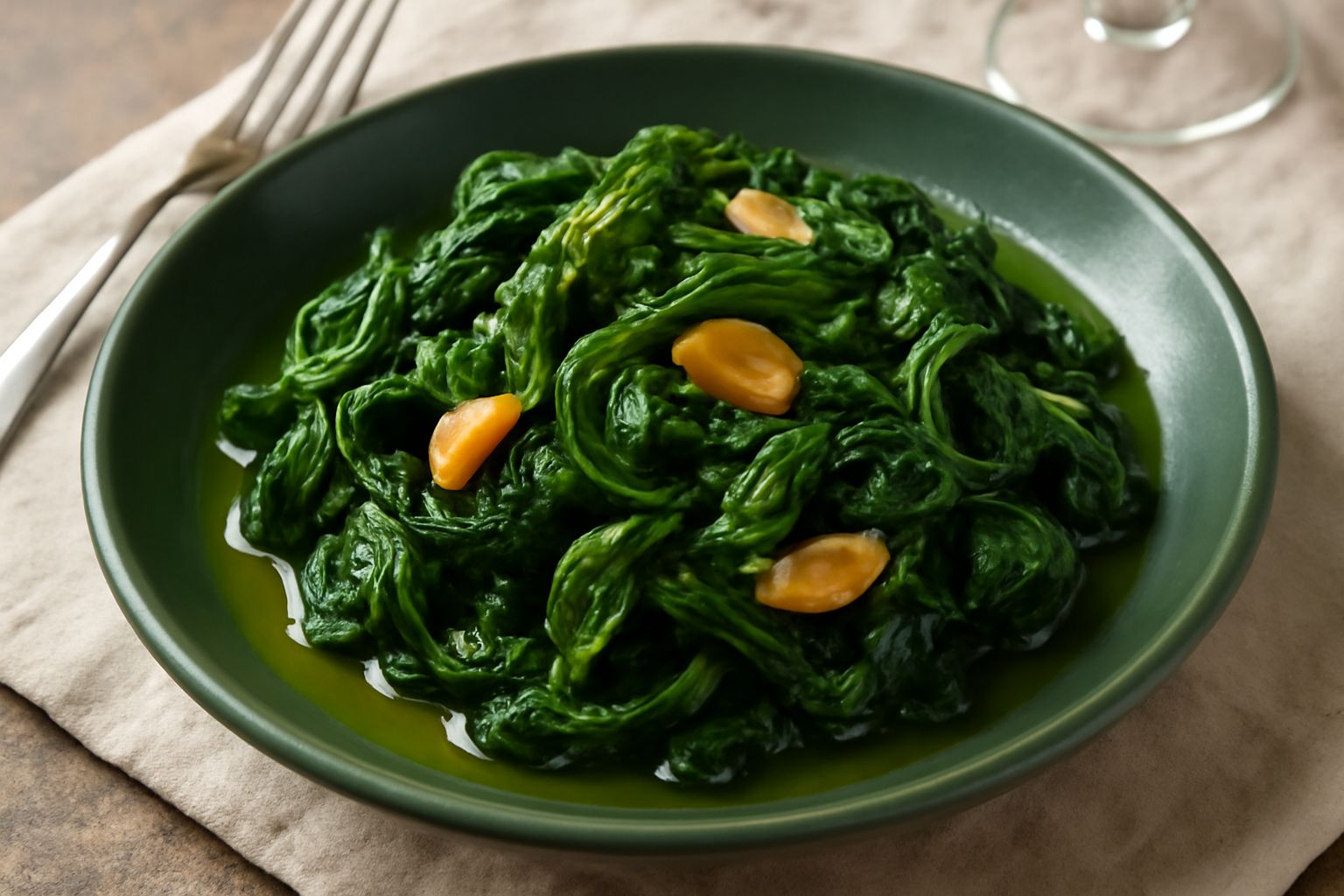 Spinaci verde scuro in padella di ferro con fettine di aglio dorato, gocce d'olio lucente sulla superficie, serviti in un piatto bianco
