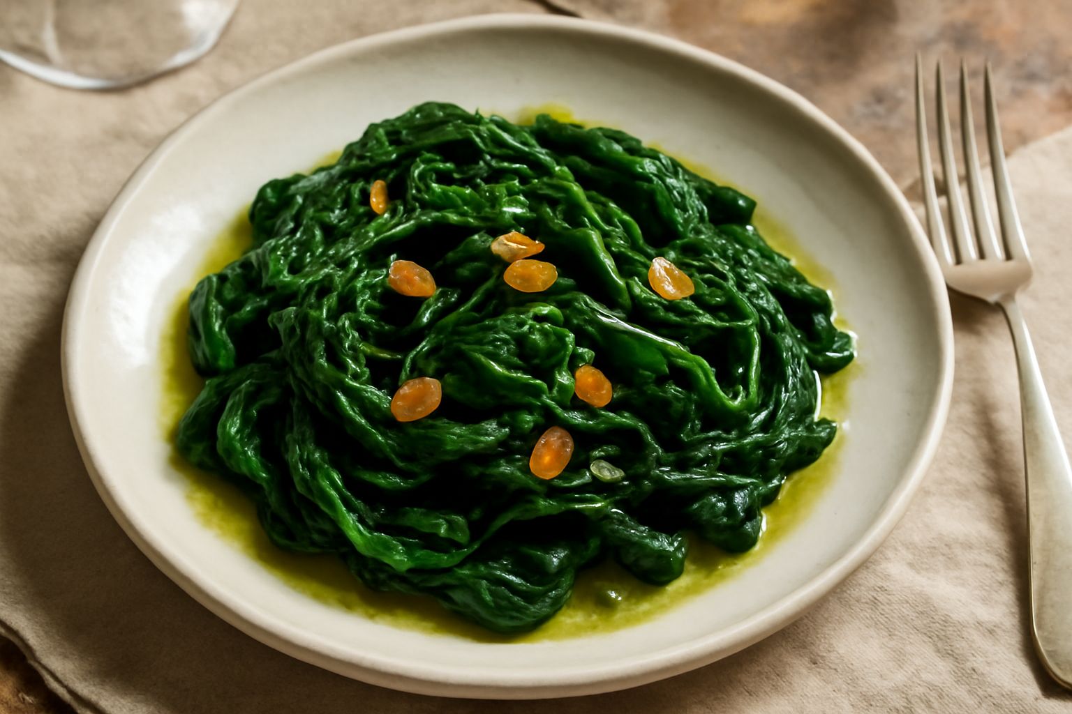 Spinaci freschi verde scuro in una padella di ferro, con fette di aglio dorate galleggianti e gocce di olio extravergine, serviti in un piatto bianco con un filo d'olio a vista