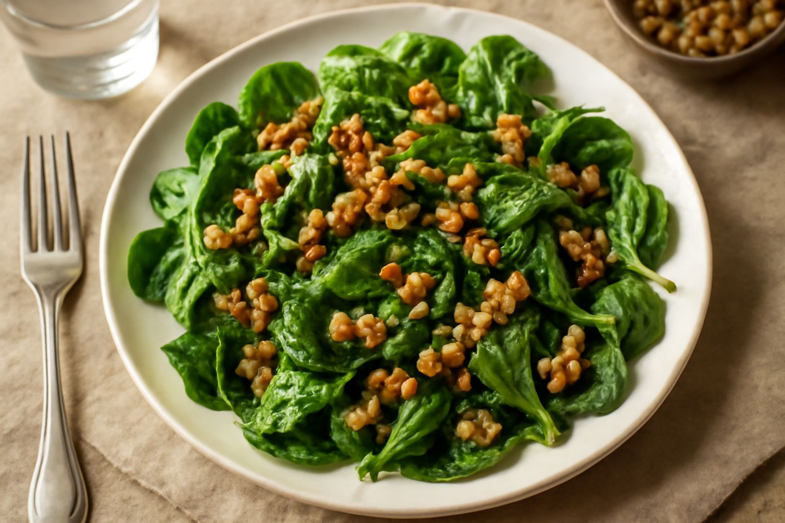 Piatto bianco con spinaci verdi intensi, foglie intere e croccanti, noci spezzate color nocciola, condimento di olio giallo dorato, visto dall'alto con luce naturale