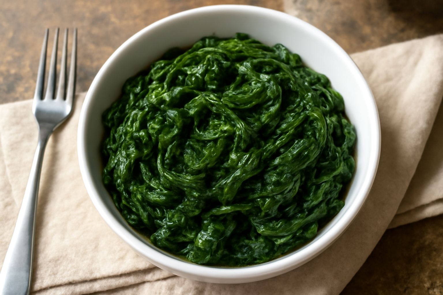 Spinaci verdi scuri e morbidi cotti in umido, in una ciotola di ceramica bianca, con gocce di olio extravergine in superficie e uno spicchio d'aglio accanto