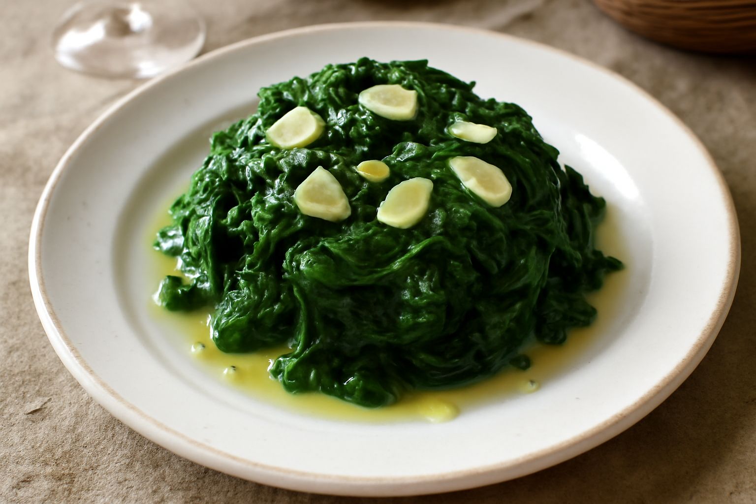 Spinaci verdi scuri lessati disposti in un piatto bianco, conditi con fili di olio giallo dorato e scaglie di aglio, con una fettina di limone fresco al bordo
