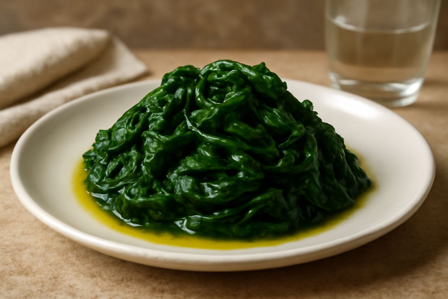 Piatto bianco con spinaci verdi scuri lessi, conditi con olio d'oliva dorato, fette di limone giallo, sale grosso sparso, su sfondo bianco chiaro