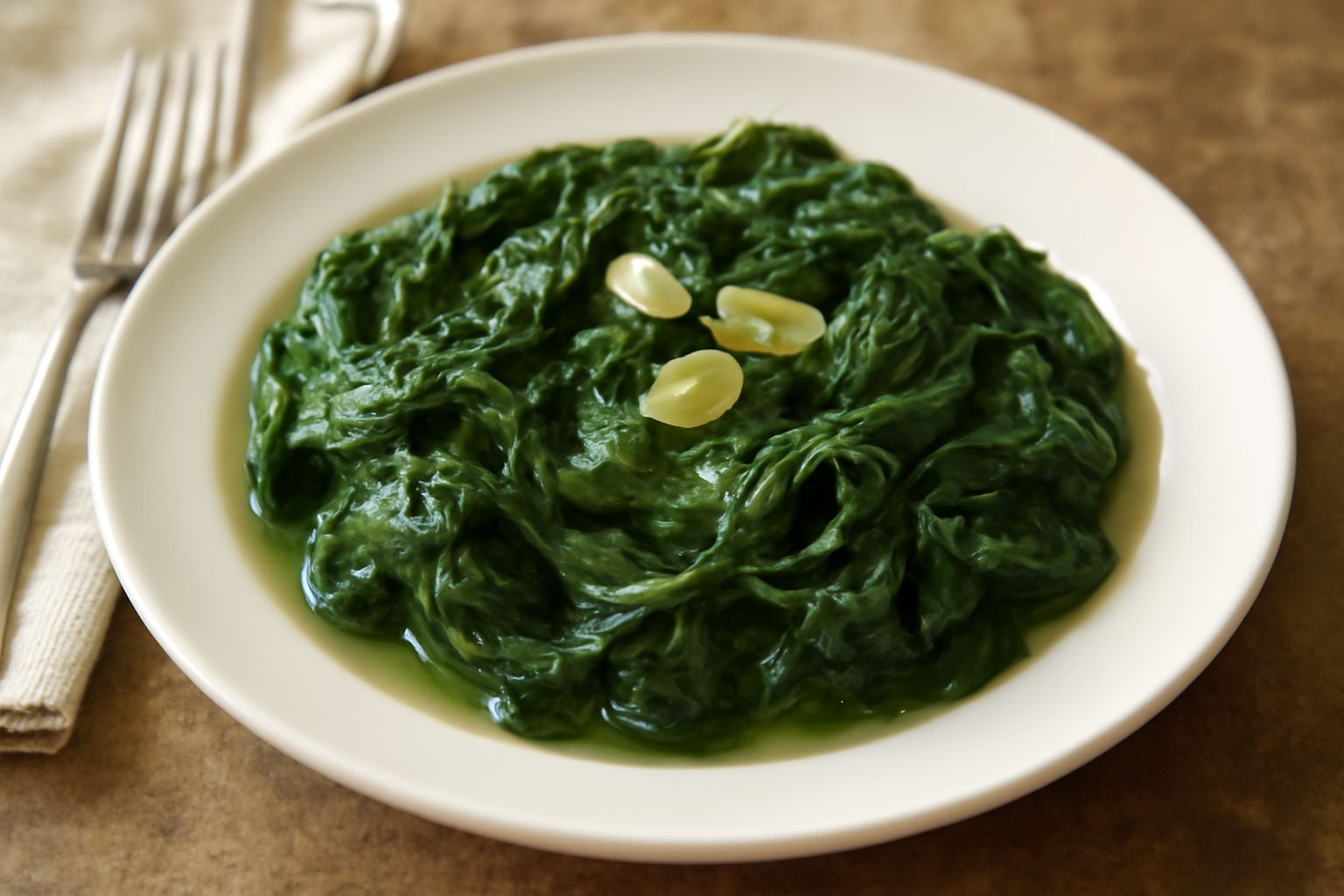 Spinaci ripassati cremosi di colore verde scuro in una ciotola bianca, con leggero filo d'olio lucente in superficie, aglio tagliato a lamine sparse, piatto visto dall'alto