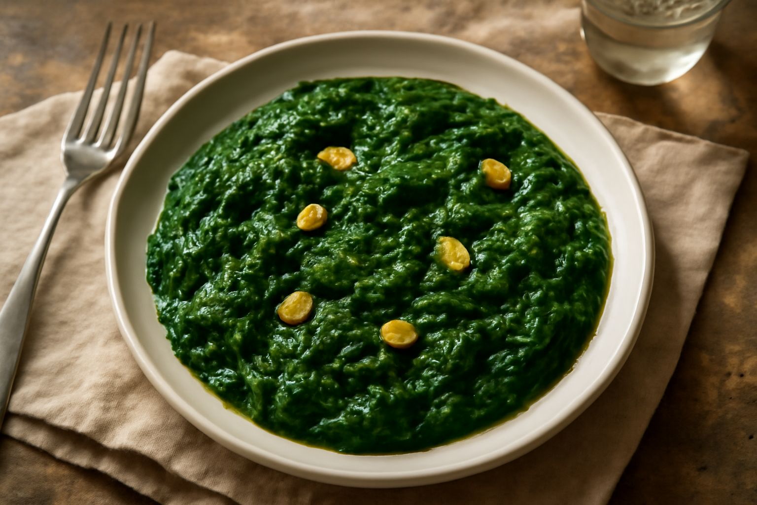 Spinaci ripassati verdi scuro in un piatto bianco, con gocce d'olio lucido in superficie, guarniti da uno spicchio di aglio dorato e pepe nero macinato fresco