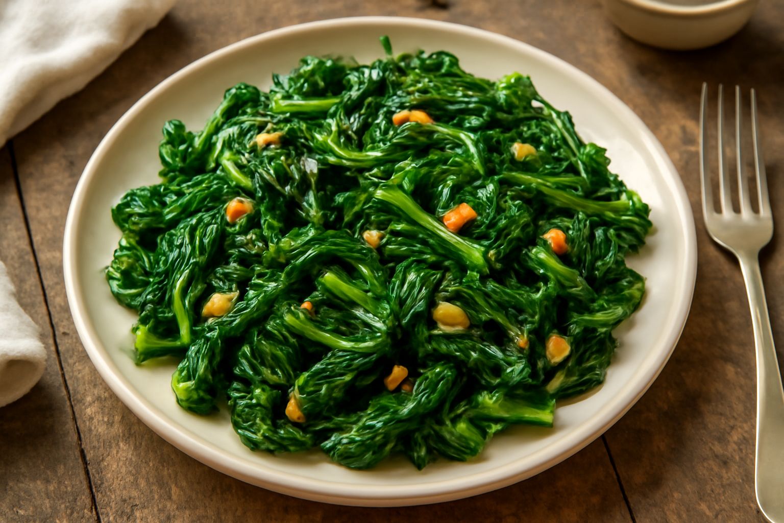 Spinaci freschi ripassati in padella, croccanti ai bordi e verdi intensi, con spicchi d'aglio dorato e olio lucido, serviti in piatto bianco