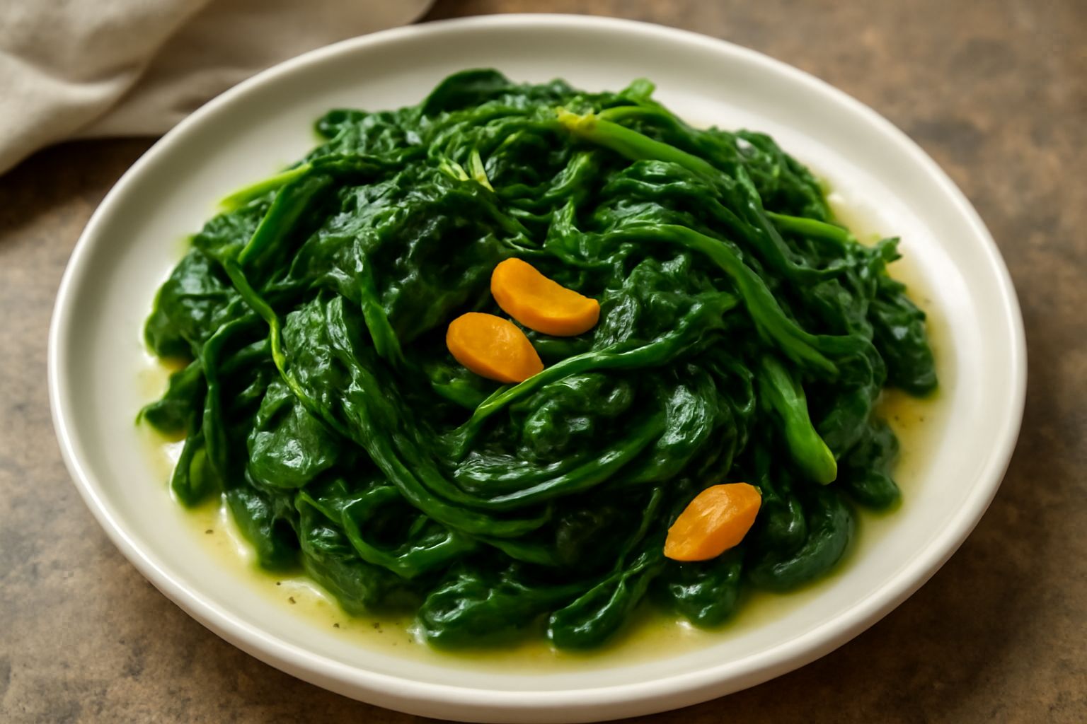 Spinaci verdi brillanti saltati in padella nera, con fettine di aglio dorato e gocce di olio d'oliva lucido, serviti in un piatto bianco con contorno di limone fresco