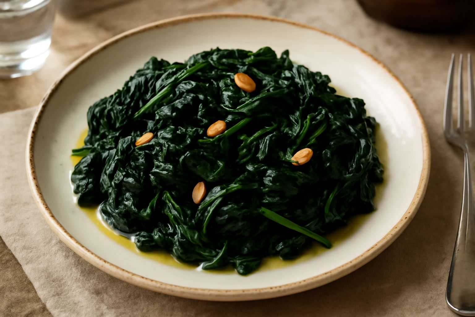 Spinaci selvatici scuri e ondulati in una padella di ferro, bagnati di olio dorato, con spicchi di aglio bianco e granelli di sale grosso, vapore leggero ancora visibile