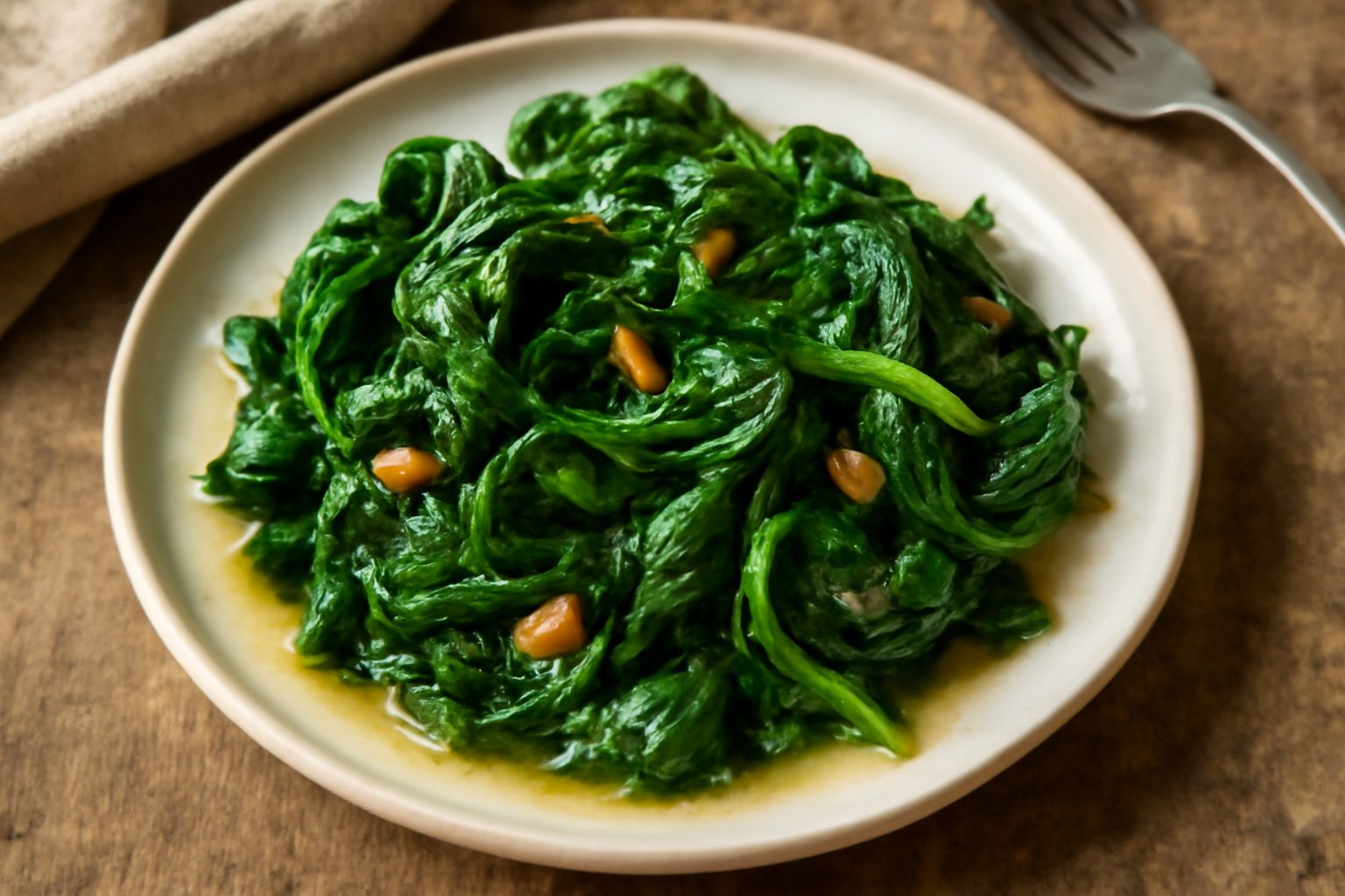 Spinaci soffritti in una padella di ferro scuro, foglie verde scuro con bordi dorati, aglio affettato sparso, olio brillante visibile sulla superficie, guarnizione di peperoncino rosso a fette sul bor