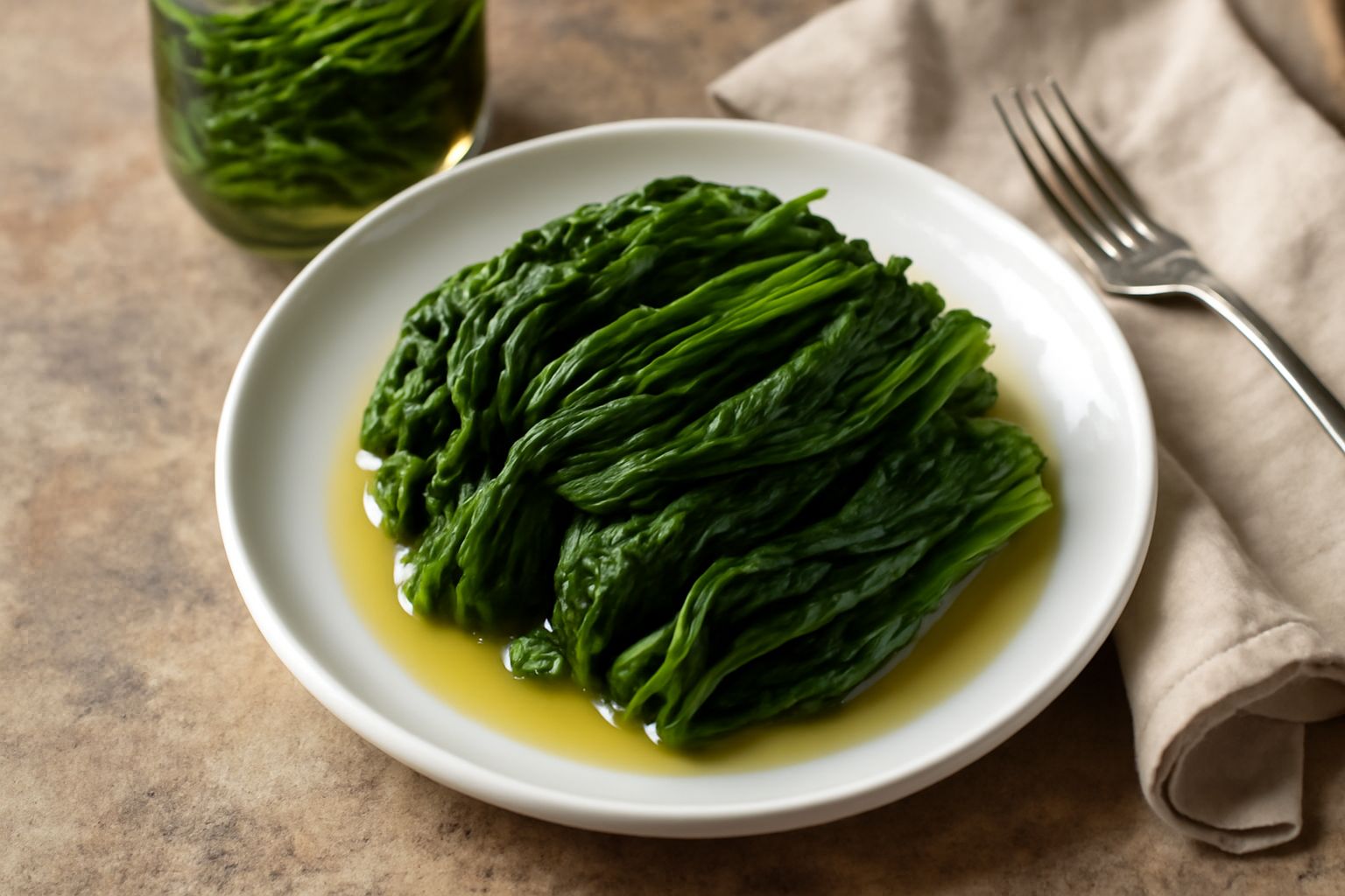 Barattoli di vetro trasparente con spinaci sott'aceto verde brillante, immersi in liquido d'aceto, disposti su un tavolo di legno con erbe aromatiche e aceto intorno