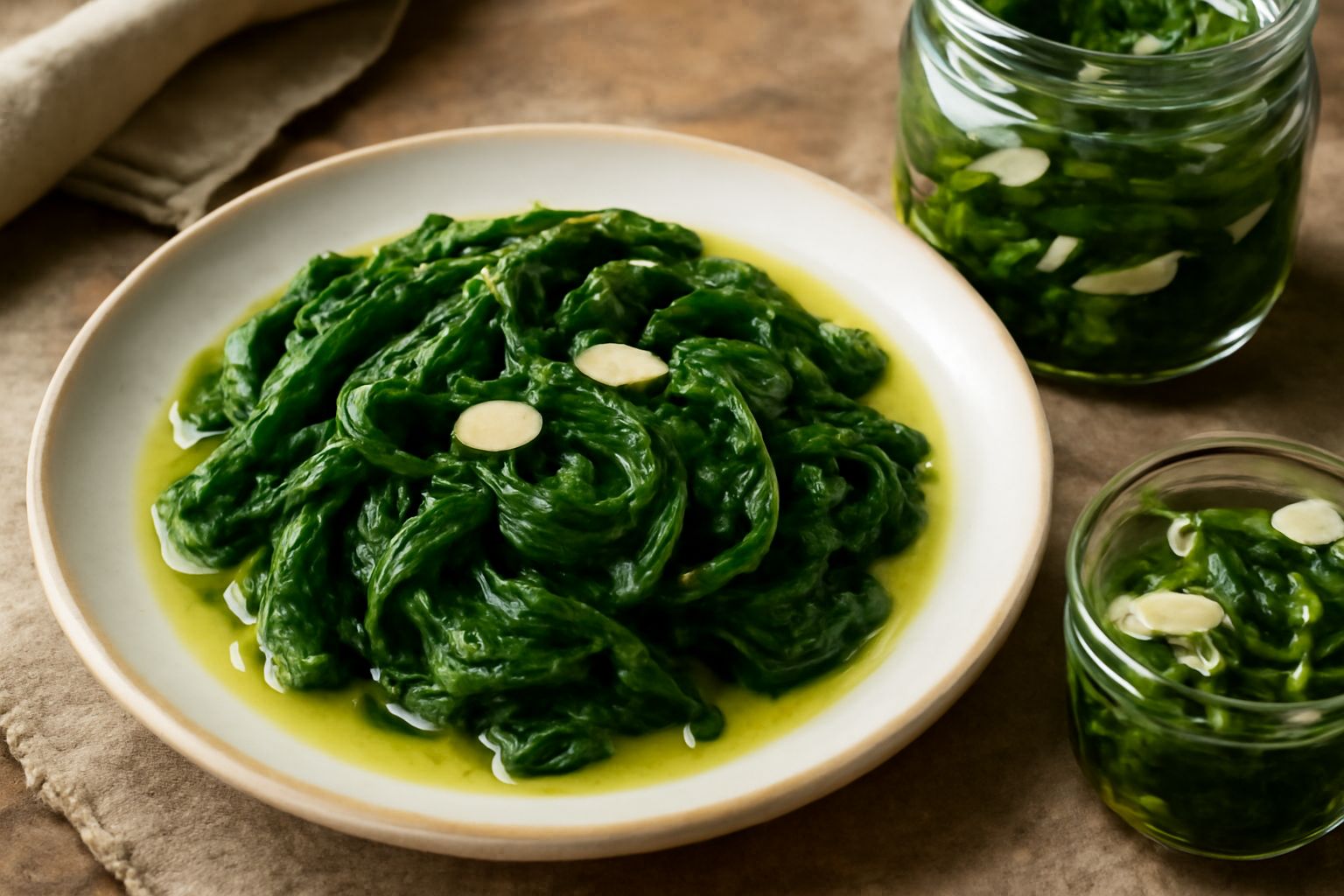 Vasetto di vetro con spinaci verdi brillanti immersi in olio trasparente, aglio in fette e una foglia intera che galleggia in superficie, su fondo bianco