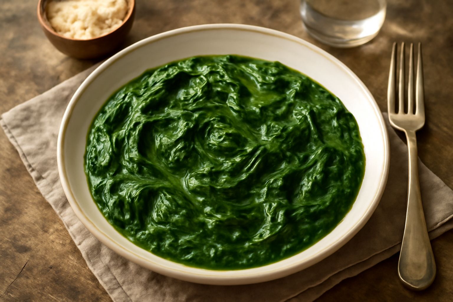 Piatto di spinaci triestini verde scuro cremosi, mantecati, con riflessi dorati dalla mantecatura, serviti in una ciotola bianca con un filo di olio d'oliva