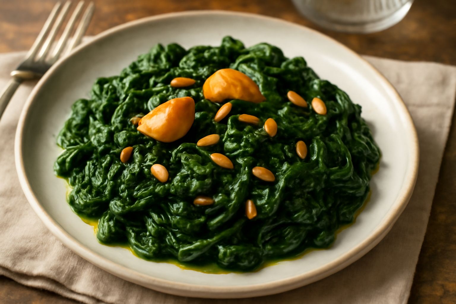 Spinaci verdi brillanti in una ciotola bianca, con aglio dorato e pinoli tostati sparsi in superficie, conditi d'olio, serviti come contorno