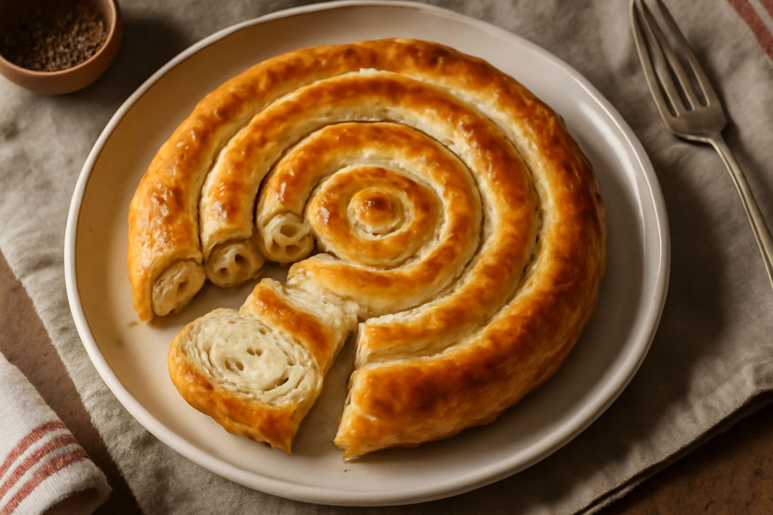 Spirale di formaggio dorata e croccante appena sfornata, con filo di formaggio fuso che si allunga tra i rotoli di pasta sfoglia, servita su piatto bianco con contorno di insalata verde