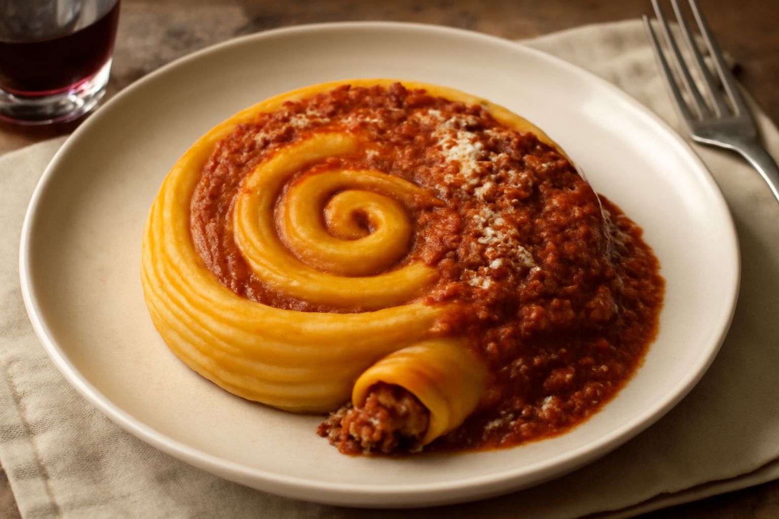 Spirali di pasta ripiena avvolte su se stesse, immerse in ragù rosso scuro, in un piatto di ceramica bianca con parmigiano grattugiato in superficie e bordo ancora umido di sugo
