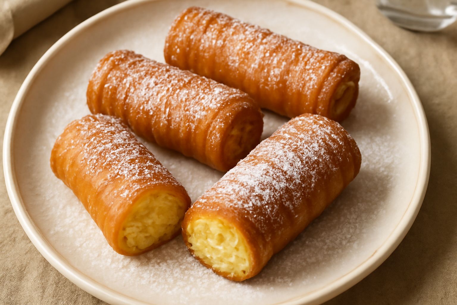 Tre spirali di ricotta dorate e croccanti su un piatto bianco, la ricotta cremosa visibile dalla sezione trasversale, spolverizzate di zucchero a velo