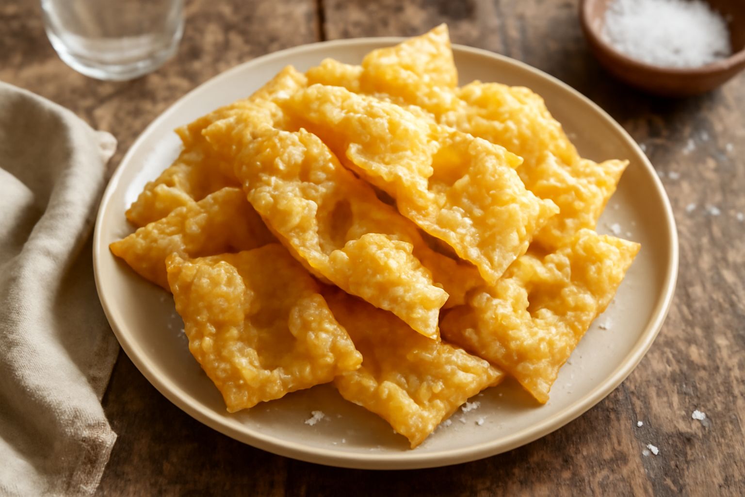 Spiriti di grano dorati e croccanti ammucchiati in un piatto bianco, cosparsi di sale grosso, con sfondo di olio e accanto una ciotola di farina bianca