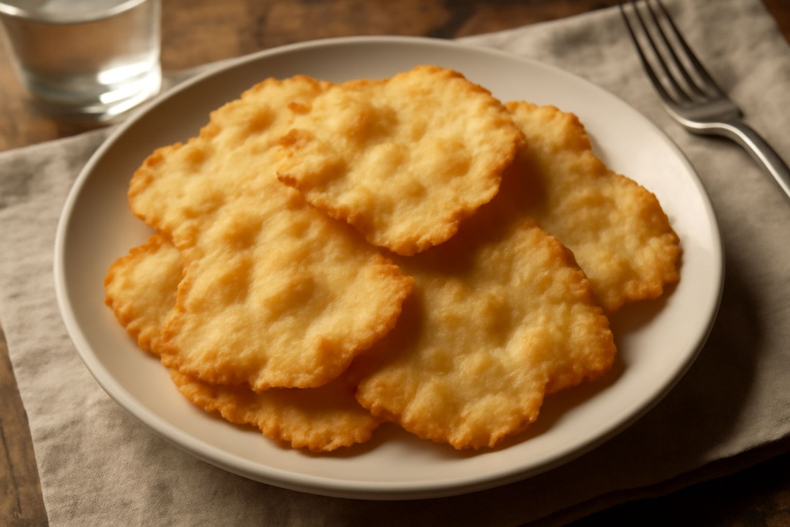 Spizzichi di Fidenza dorati e fragili impilati su un piatto bianco, con bordi ondulati e texture friabile visibile, contorno di zucchero semolato sparso