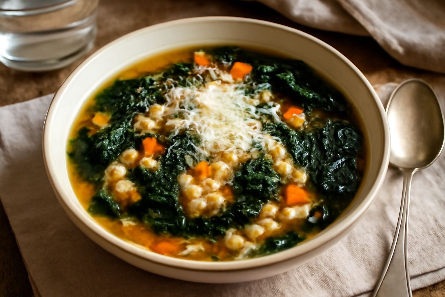 Minestra fumante in ciotola di ceramica bianca, orzo biondo ben visibile nel brodo trasparente, cavolo nero scuro in pezzi, cipolla dorata, carota arancione, sedano verde, cucchiaio di legno appoggiat