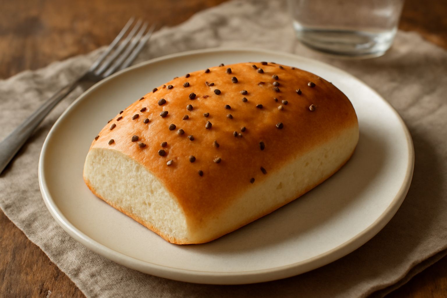 Pane dolce toscano «spoja» di forma ovale, tagliato a fette, con crosta dorata e interno soffice color panna, semi di anice visibili in superficie, impiattato su tavolo di legno