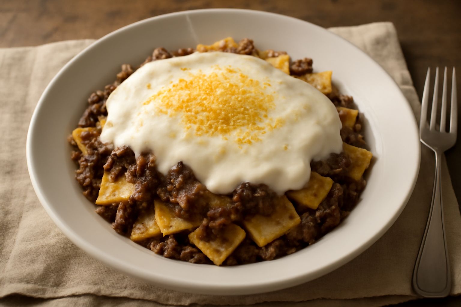 Piatto di pasta ricoperta da ragù marrone scuro di fegato e besciamella bianca cremosa, spolverata di parmigiano grattugiato, servito in piatto bianco con forchetta