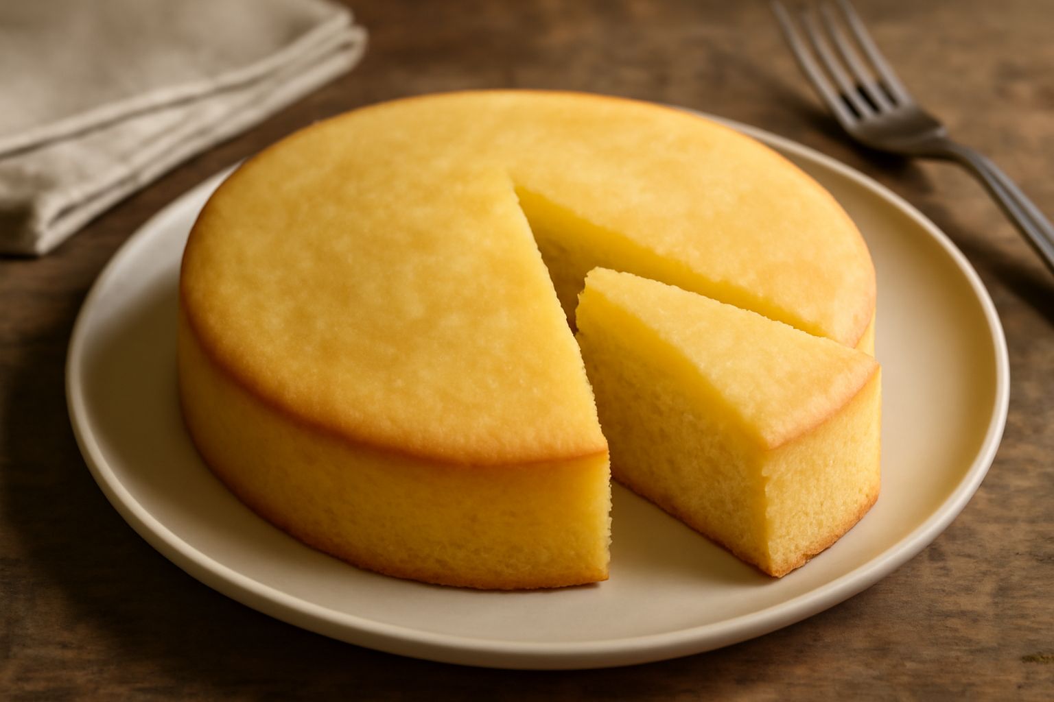 Uno sponge cake lombardo dorato appena sfornato, tagliato a metà, che mostra una mollica soffice e uniforme, poggiato su un piatto bianco con uno strofinaccio di lino accanto