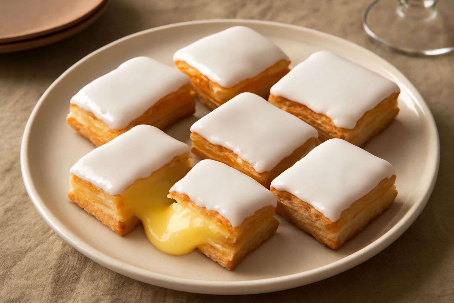 Sporcamusi dorati e glassati di zucchero bianco, impilati su un piatto bianco, con un boccone morso che mostra il ripieno di crema pasticcera all'interno
