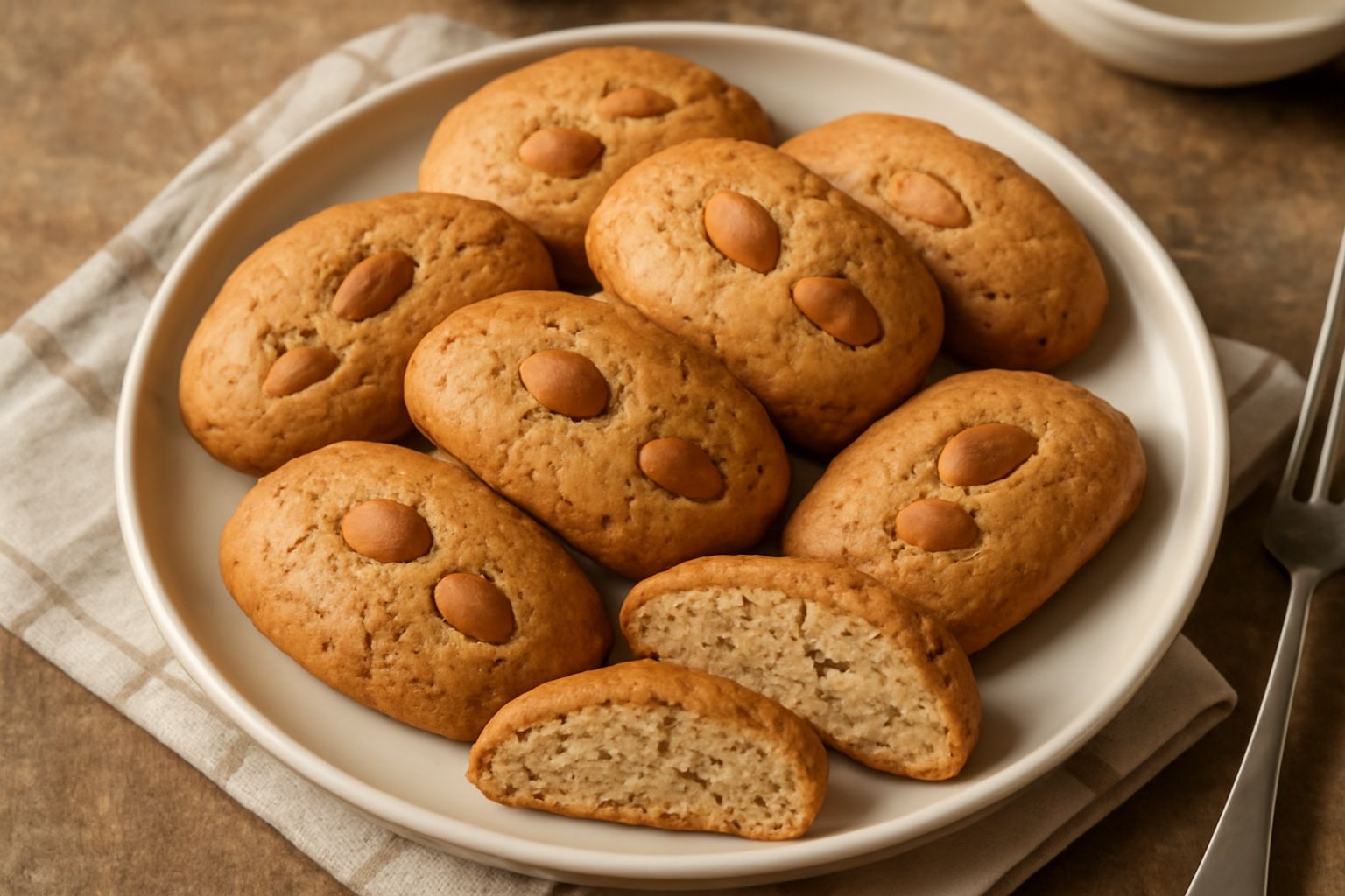 Sporzetti disposti in fila su un piatto bianco, biscotti color nocciola con mandorle intere visibili sulla superficie, taglio netto trasversale che mostra la consistenza friabile interna