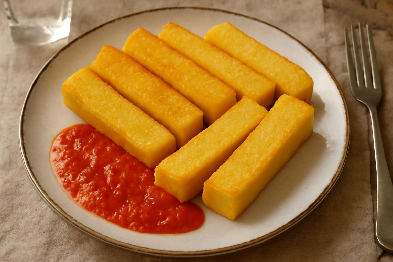 Fette di spressa fritta disposte nel piatto, dorate e croccanti in superficie, con una leggera bruma di vapore, accompagnate da salsa di pomodoro e una ciotola di formaggio grattugiato sullo sfondo