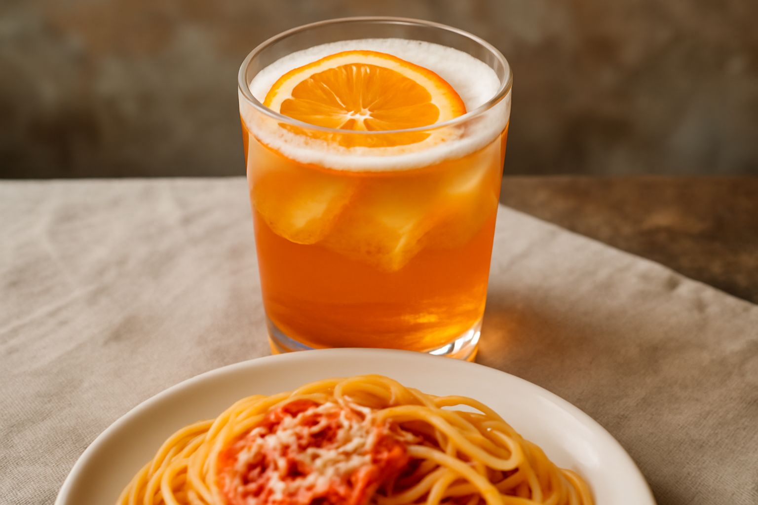 Bicchiere cilindrico trasparente riempito di Spritz giallo-arancio con cubetti di ghiaccio, una fetta di arancia e una spruzzata di schiuma, su fondo bianco con foglie di menta sfocate