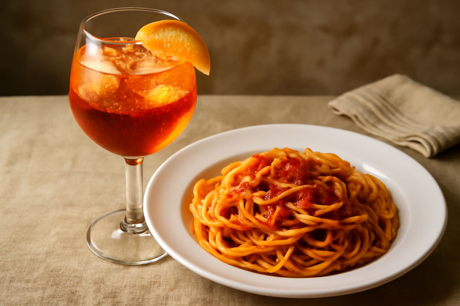 Bicchiere trasparente con spritz color ambrato chiaro, riempito di ghiaccio trasparente, gocce di condensa sulla superficie, fetta d'arancia su un lato del bicchiere, schiuma leggerissima, sfondo sfoc