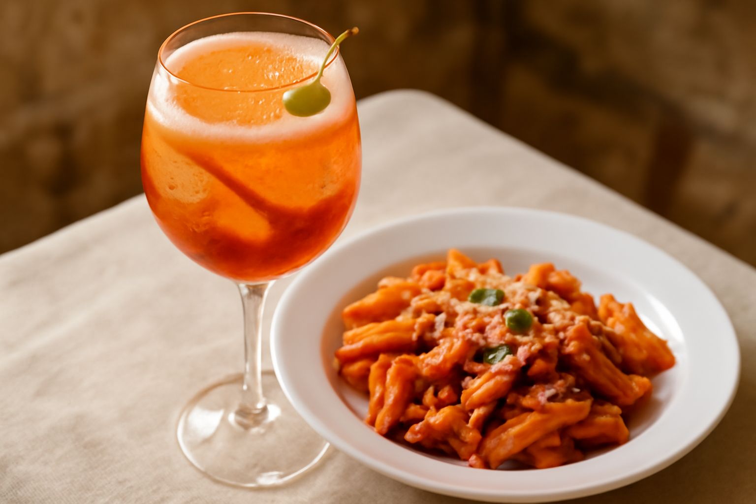 Bicchiere di spritz all'Aperol con colorazione arancione chiaro, pieno di ghiaccio trasparente, guarnito con una fetta di arancia fresca e una oliva verde, su un tavolo bianco con sfondo sfocato