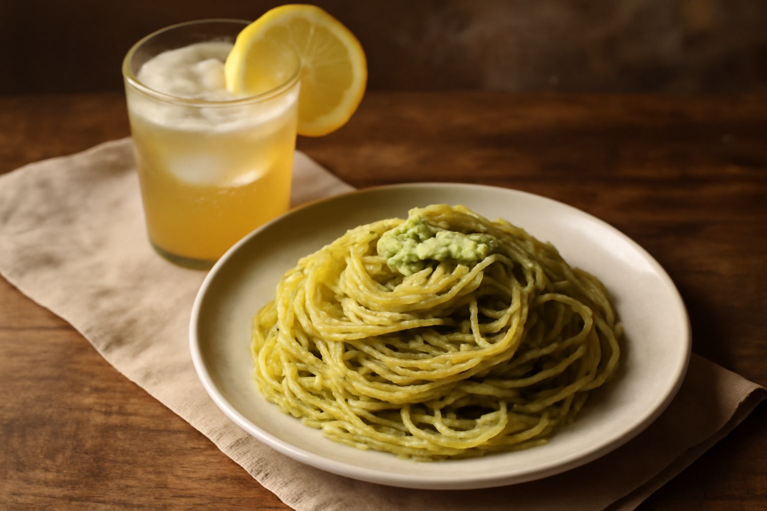 Bicchiere di Spritz Trentino con liquido giallo dorato e bollicine visibili, ghiaccio trasparente, fetta di limone fresco sul bordo, sfondo bianco luminoso