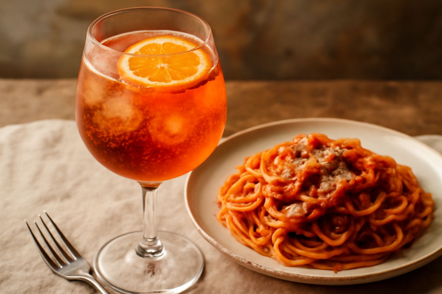 Bicchiere da aperitivo con Spritz Veneto: colore arancione chiaro, ghiaccio trasparente, fetta di arancia flottante, prosecco effervescente, servito su tavolo estivo con sfondo sfocato di giardino